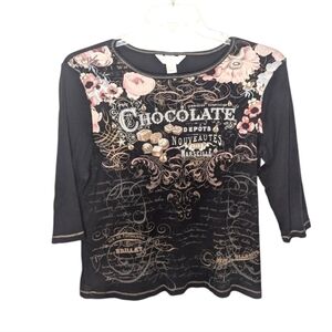 C&B petite Y2K chocolate factory floral quarter sleeve womans shirt petite Large